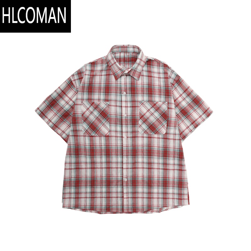 HLCOMAN美式复古磨毛格纹短袖衬衫T恤男女夏季宽松百搭情侣休闲半袖衬衣