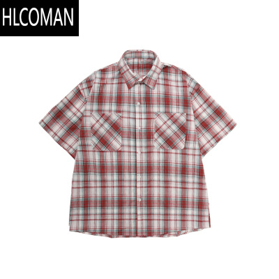 HLCOMAN美式复古磨毛格纹短袖衬衫T恤男女夏季宽松百搭情侣休闲半袖衬衣