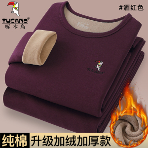 啄木鸟冬季纯棉保暖加绒加厚男秋衣秋裤打底内穿内衣套装纯色全棉