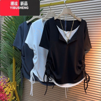 YIBUSHENG胖MM300斤大码季假两件拼接宽松韩版时尚新款抽绳短袖上衣t恤女