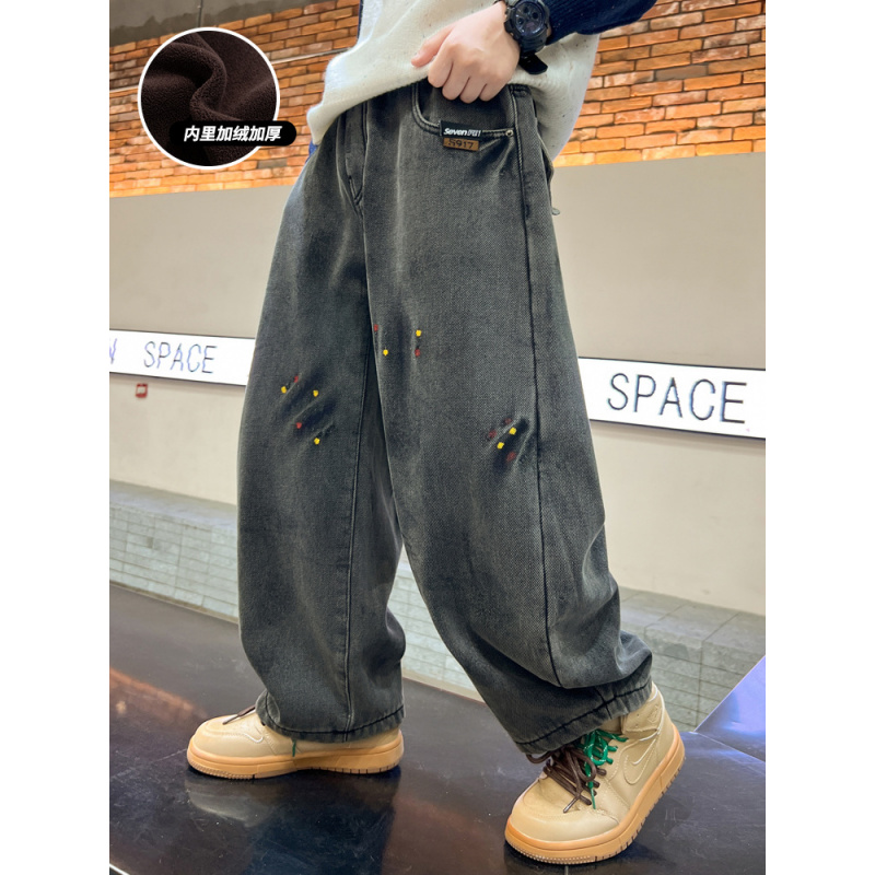 男童加绒牛仔裤新款秋冬款儿童中大童宽松裤子秋季长裤男孩潮