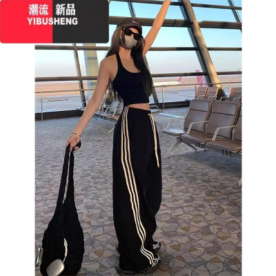 YIBUSHENG美式复古运动裤女季三条杠直筒阔腿裤宽松休闲裤黑色高街裤子潮