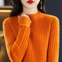 华夫格半高领套头长袖针织衫上衣秋冬新款一线成衣宽松内搭毛衣女