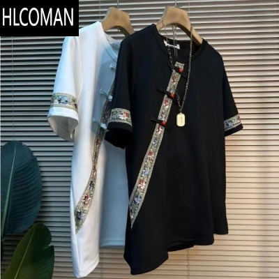 HLCOMAN新中式国风2025夏季新款拼接撞色别致刺绣短袖T恤男女圆领上衣潮