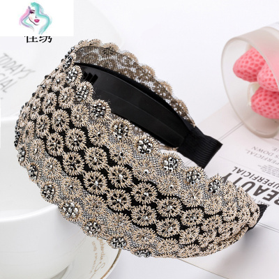 韩国头饰宽边蕾丝发箍女水钻压发洗脸头箍防滑发卡简约发窟发饰品你那么美太阳花枪黑发夹