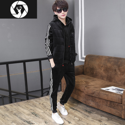 HongZun男士卫衣套装金丝绒加绒加厚秋款情侣潮流三件套连帽运动冬季外套其他套装