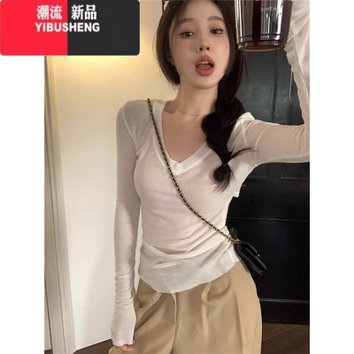 YIBUSHENG季百搭V领防晒衫女修身辣妹长袖t恤上衣春秋小心机露背镂空罩衫