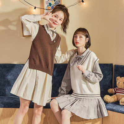 直降-春新款套装女背心马甲衬衫裙两套学院风小个子洋气减龄学生