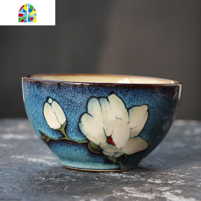 日式创意陶瓷小饭碗米饭碗手绘花朵手工碗窑变餐厅餐具个性和风碗 FENGHOU 木槿花11厘米