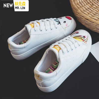 林先森涂鸦帆布鞋女学生鞋子韩版皮面百搭港风板鞋女平底网红小白鞋帆布鞋