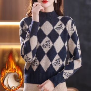 加绒加厚秋冬新款短款毛衣女小个子时尚菱格提花宽松针织打底上衣