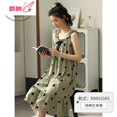 印花睡裙女夏季少女睡衣可爱小长款波点夏天连衣裙子费琳