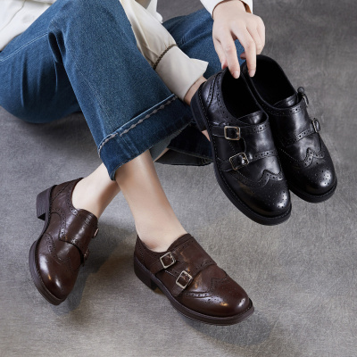 轻奢真皮布洛克花小皮鞋女2026春新款复古单鞋英伦皮带扣乐福鞋