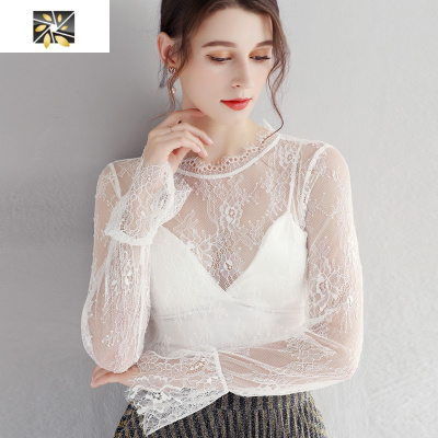 暖青汇透明睫毛立领蕾丝打底衫女喇叭长袖黑色毛衣内搭纱衣内衬网纱上衣蕾丝衫