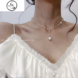 ins简约仙气几何水晶串珠项链女清新短款流苏锁骨链气质珍珠吊坠 JiMi 水晶吊坠珍珠项链