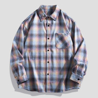 男装新款春秋季长袖衬衫男士潮流宽松翻领情侣衬衣百搭格子外套-