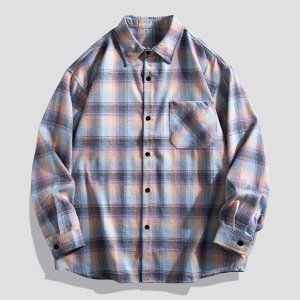 男装新款春秋季长袖衬衫男士潮流宽松翻领情侣衬衣百搭格子外套-