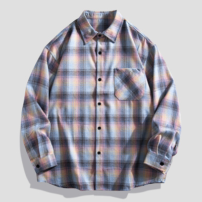 男装新款春秋季长袖衬衫男士潮流宽松翻领情侣衬衣百搭格子外套-