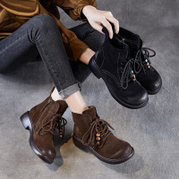 翻毛皮短靴女秋季新款单靴圆头中跟真皮厚底系带时尚马丁靴子