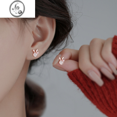 JiMi925银银兔子耳钉兔年本命年耳环猫眼石耳饰小众设计可爱新年礼物