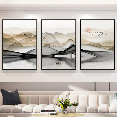 装饰画新中式沙发墙现代简约壁画山水画大气墙面旭日东升-C70*100cm（沙发长2.8至3.6米可选）L框防水油画布