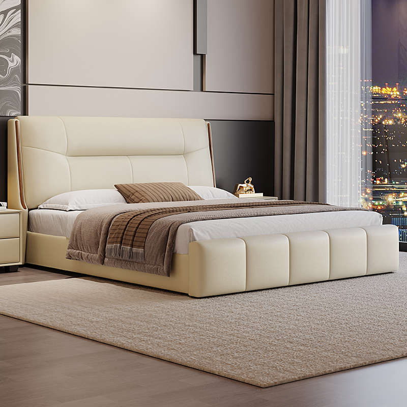 真皮床现代简约高端双人床意式轻奢主卧大床皮艺床软包床储物婚床