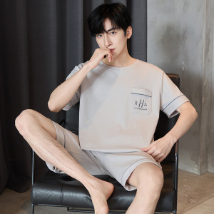100%纯棉青少年睡衣男士夏季短袖圆领休闲可外穿全棉家居服男