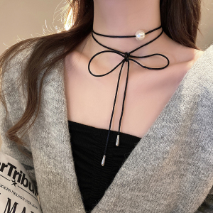 黑色蝴蝶结珍珠项链配饰女2024新款chocke颈链轻奢小众设计锁骨链送女朋友老婆情人节七夕生日礼物