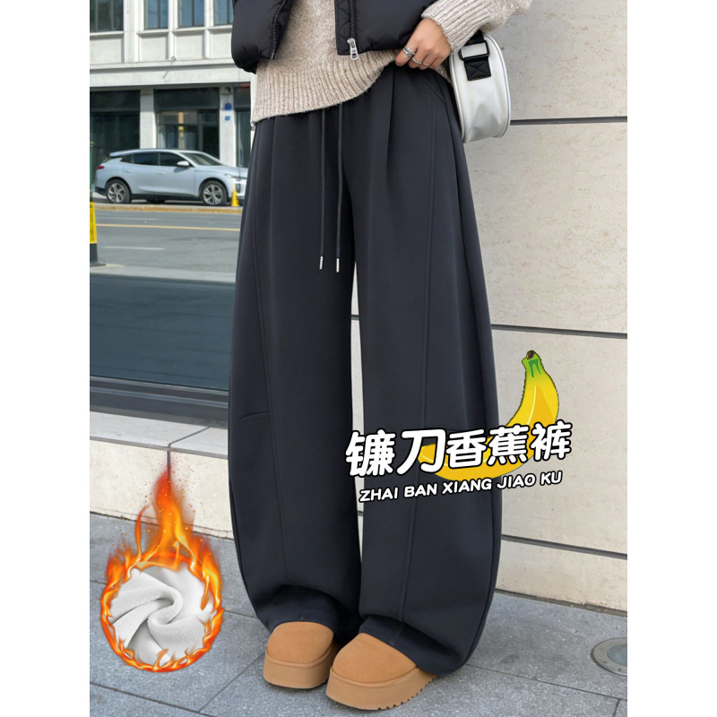 灰色加绒阔腿裤女秋冬加厚羊羔绒棉裤新款胖mm大码显瘦裤