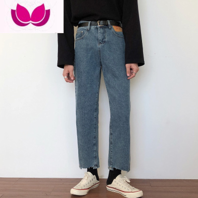 七斓19studio 韩国ulzzang显瘦九分裤中高腰阔腿宽松直筒牛仔裤男女潮