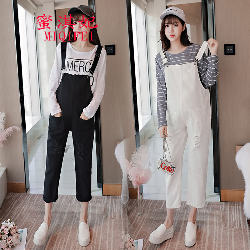 蜜淇妃2018夏季新款孕妇牛仔裤潮妈托腹外穿孕妇背带裤孕妇裤子九分