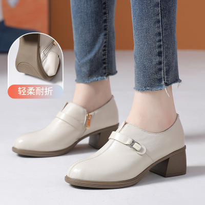 英伦风复古中口小皮鞋粗跟头层牛皮乐福鞋24春秋新款圆头女单鞋子