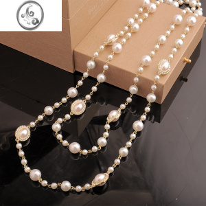 JiMi珍珠项链女长款小香风欧美夸张多层缠绕气质百搭装饰挂链毛衣挂链 白色长款2-3层绕圈