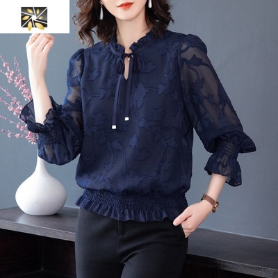 暖青汇妈妈雪纺衫2020春秋装新款女装长袖薄款上衣中年洋气气质碎花小衫蕾丝衫