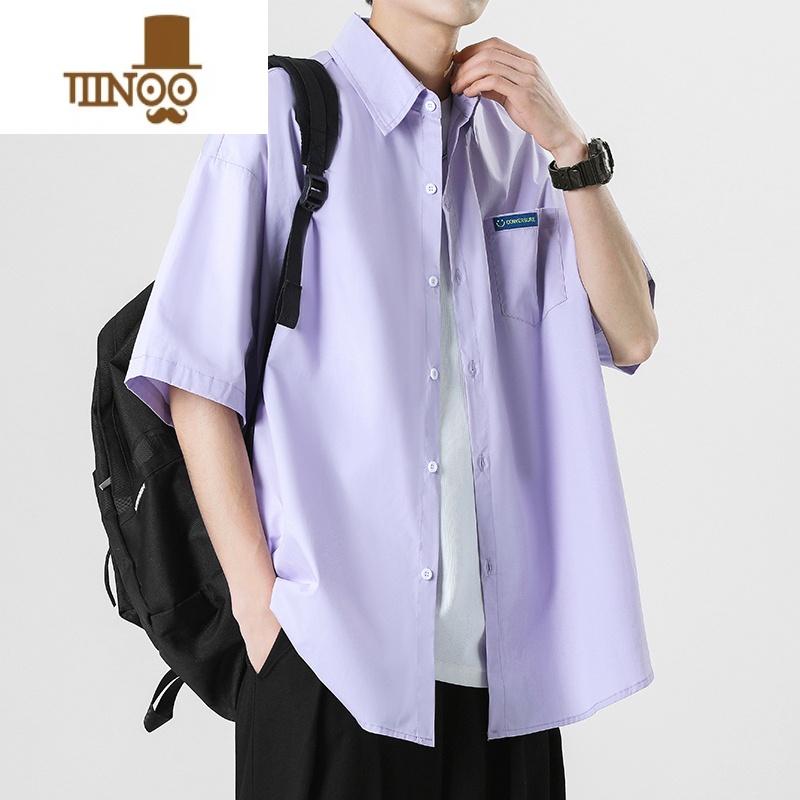 YANXU港风冰丝短袖衬衫男士夏季薄款纯色休闲宽松简约潮牌翻领衬衣外套