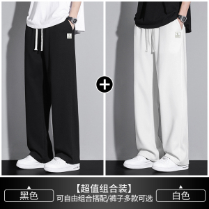 啄木鸟男士休闲裤子夏季薄款2025新款宽松直筒黑色冰丝运动卫裤K