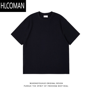 HLCOMAN240g纯色短袖T恤男潮牌宽松基础百搭落肩袖打底上衣