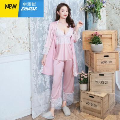 睡衣女春秋性感绸韩版睡袍三件套装蕾丝带胸垫家居服可外穿薄卓思哲