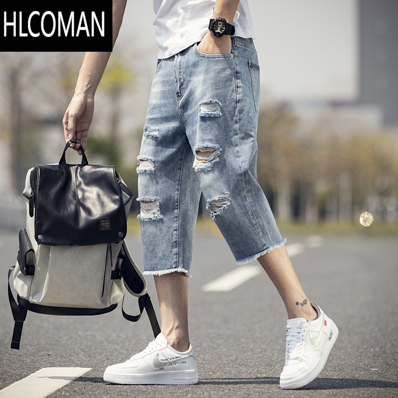HLCOMAN7七分牛仔短裤男士夏季薄款宽松破洞潮流2025新款休闲潮牌中裤子