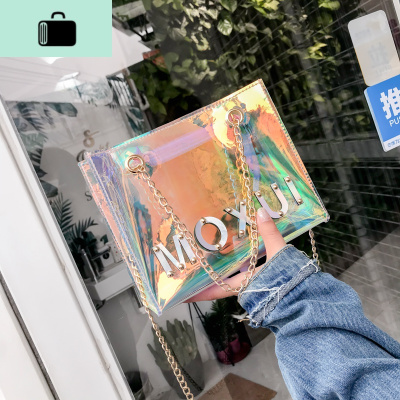 上新镭射透明包包女2020新款果冻手提单肩包韩版链条斜挎托特包夏NEW LAKE 透明色女士单肩包