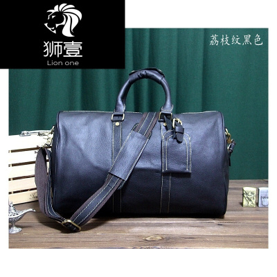 狮壹（Lionone）男士真皮旅行包商务复古疯马皮手提单肩包头层牛皮短途出差行李包荔枝纹黑色中