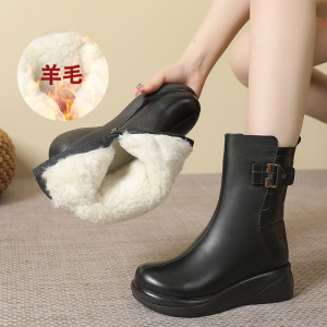 羊毛款真皮中筒靴保暖牛皮圆头厚底侧拉链靴子澳洲羊毛烟筒靴