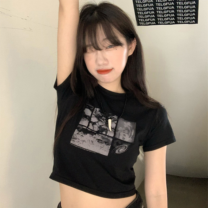 短款露脐紧身短袖T恤女ins韩国女装休闲打底衫上衣服女装