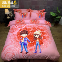 卡通粉色紫色结婚婚庆婚床新婚棉棉情侣床单被套床上四件套春 三维工匠