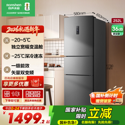 容声252升三门三开门电冰箱变频风冷一级矢量节能家用风冷无霜冷冻冷藏 BCD-252WD18NP