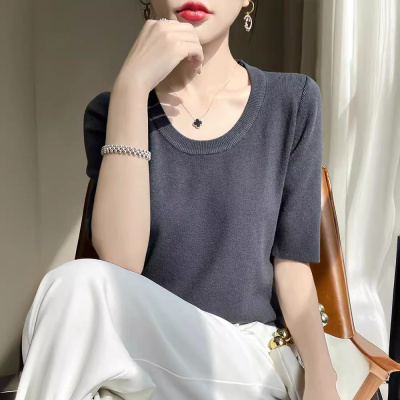 春夏新款安迪绒U领短袖T恤女薄款简约百搭修身针织打底中袖上衣_1