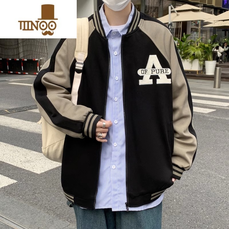 YANXU青少年大童开衫字母休闲拼色夹克初高中学生卫衣宽松棒球服外套男