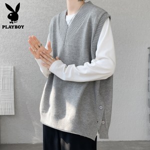 花花公子v领毛衣背心男士秋冬季潮牌青少年学院风内搭针织衫马甲
