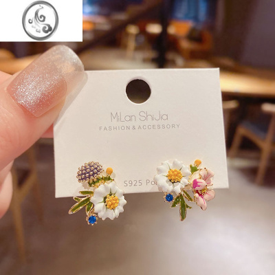 JiMiins森系雏菊花朵不对称耳环女超仙 高级感法式滴釉气质小众耳钉