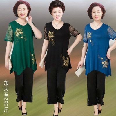 中年女装肥胖妈妈装全棉绸衣服女夏装套装宽松休闲加肥加大码冰丝阔腿裤女中老年人上衣裤子婆婆两件套2018新款短袖老人衣